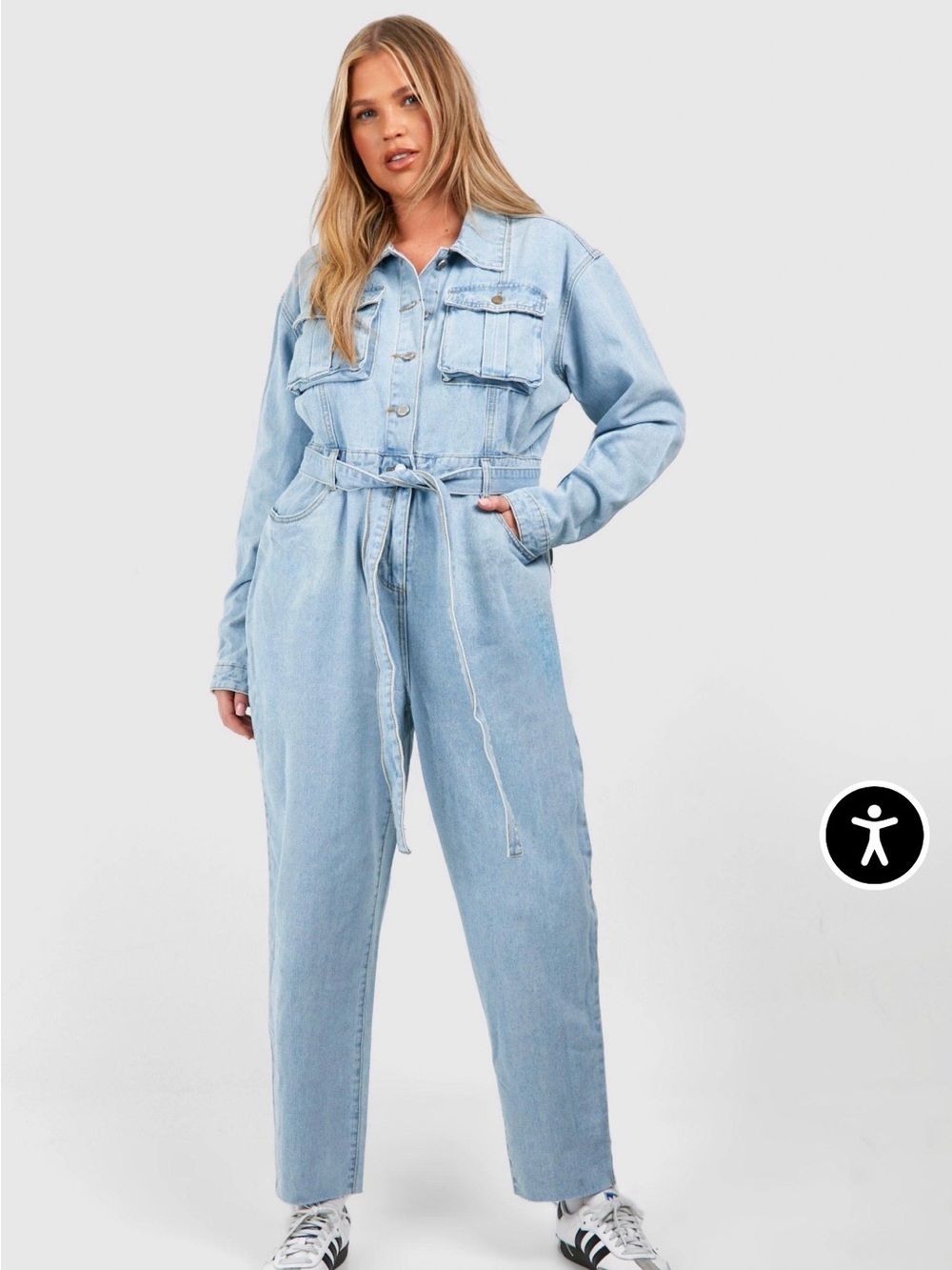 Boohoo Plus Light Blue Denim Tie-Waist Jumpsuit